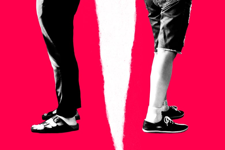 One person wearing pants and sandals and one person wearing shorts and sneakers, pictured from the waist down with a rift in between them.