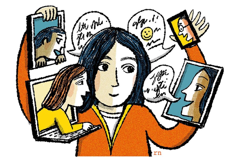 A drawing of a girl in a red sweater holding up a laptop, a cellphone, and two tablets. Faces pop out of the devices with illegible text bubbles.