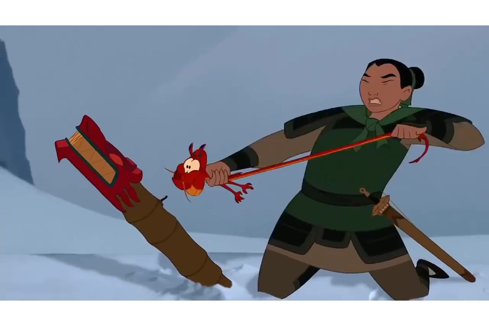 Mulan pulls her dragon's tail to make it shoot fire; the dragon's entire body twists and distorts in response.