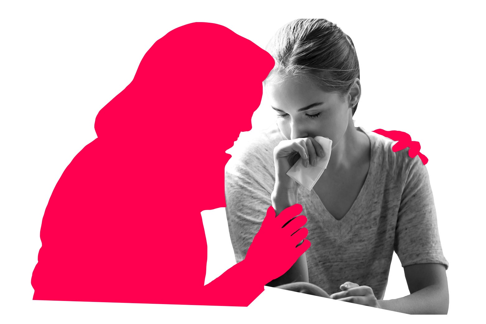 A person with a tissue in their hand is embraced by an illustrated silhouette.