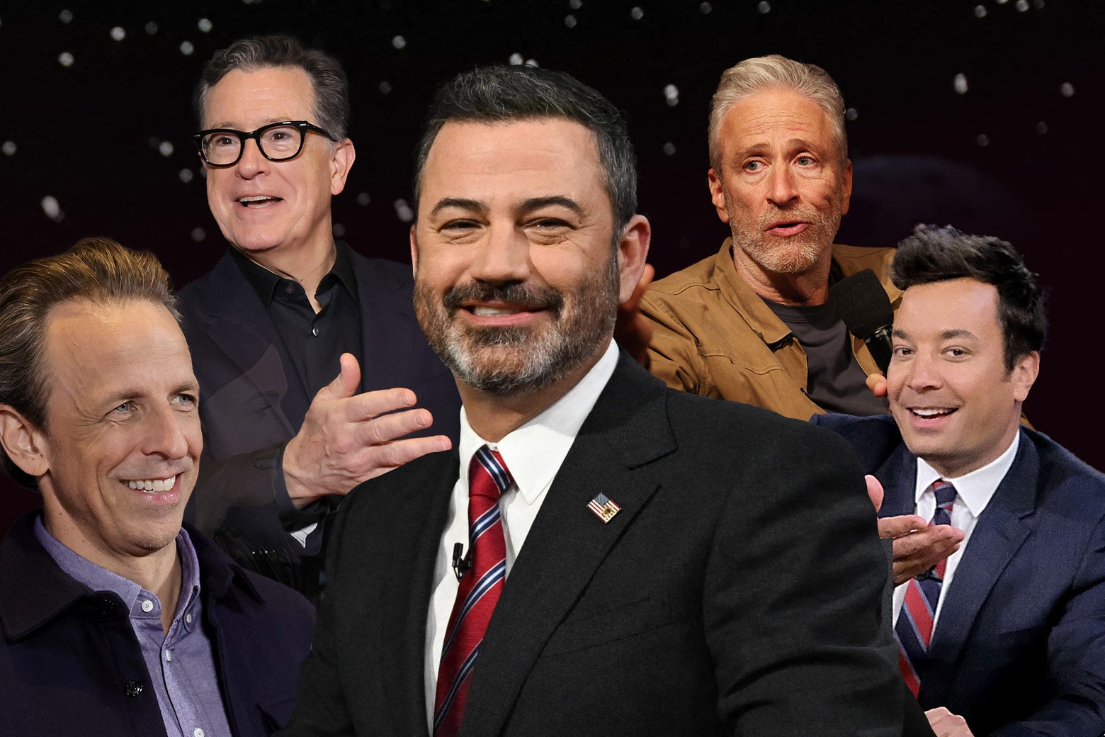Illustration with Jimmy Kimmel in the center. Around him are Seth Meyers, Stephen Colbert, Jon Stewart, and Jimmy Fallon.