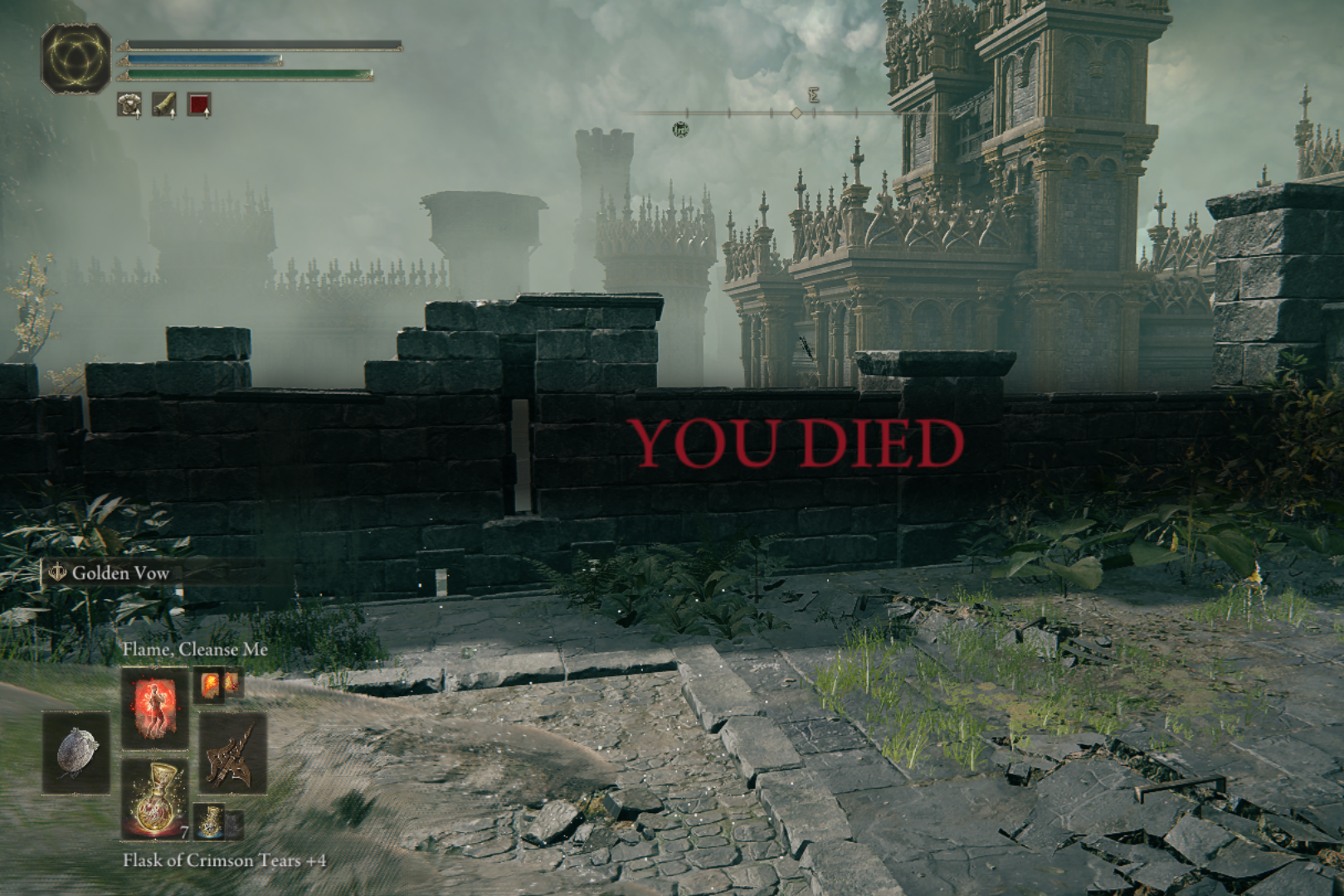 Screengrab from the game of a devastated landscape that reads YOU DIED in red text in the center