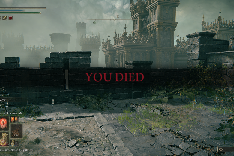 Screengrab from the game of a devastated landscape that reads YOU DIED in red text in the center
