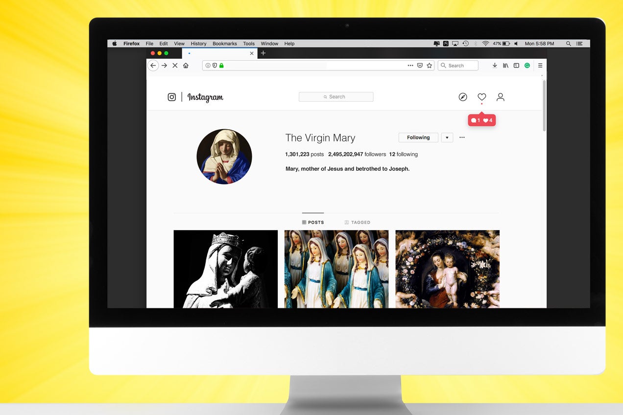 Photo illustration of an Instagram page for the Virgin Mary.