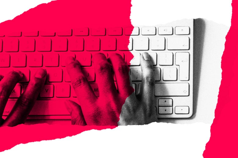Photo illustration of hands typing on a keyboard.
