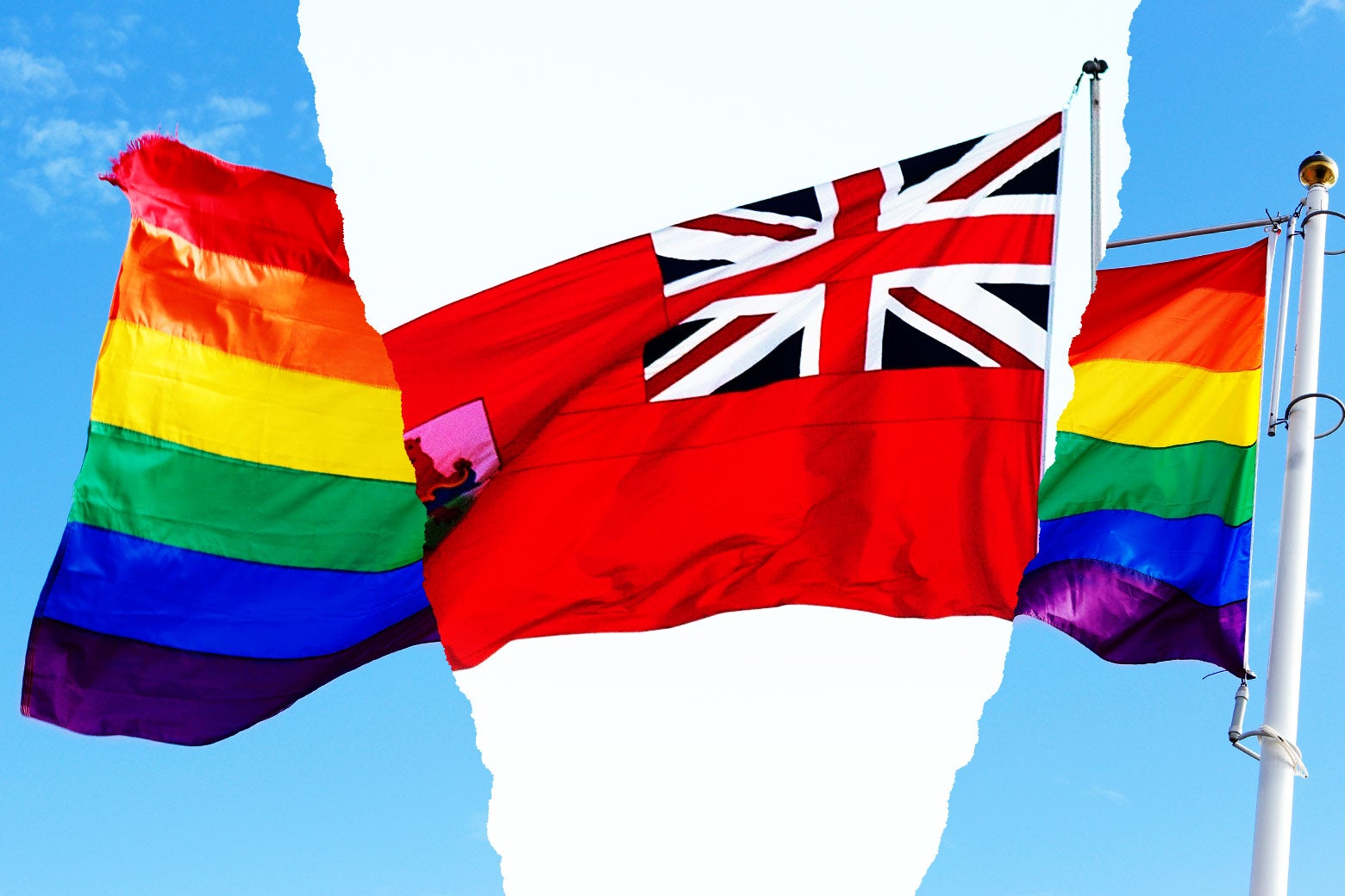 Photo illustration: an LGBTQ pride flag is broken up by the Bermuda territory flag. Photo illustration by Thinkstock and Drew Angerer/Getty Images.