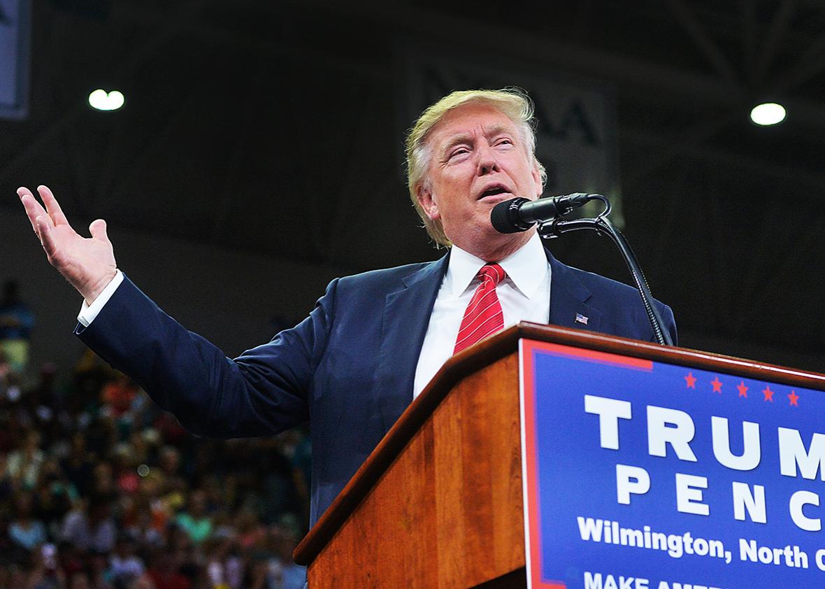 Republican presidential candidate Donald Trump addresses the audience during a campaign event at Trask Coliseum on August 9, 2016 in Wilmington, North Carolina. 