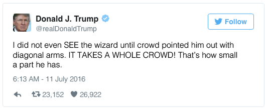 I did not even SEE the wizard until crowd pointed him out with diagonal arms. IT TAKES A WHOLE CROWD! That's how small a part he has.