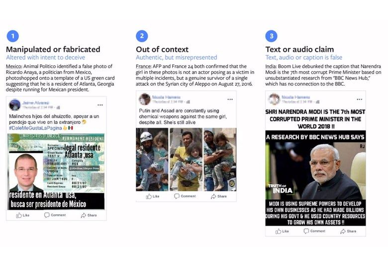 Facebook gives examples of the three categories. For "Manipulated or fabricated," it presents an image from the Mexican presidential election. For "Out of context," there is a false meme claiming that a young girl from Syria is a crisis actor. For "Text or audio claim," there is a caption on a meme about India's president's alleged corruption.