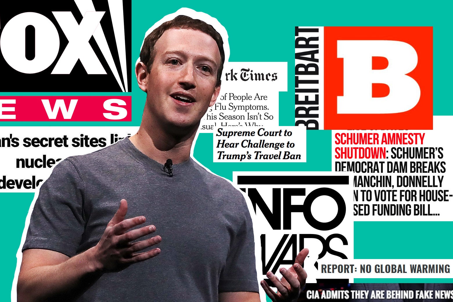Mark Zuckerberg shown amid headlines from the New York Times, Breitbart, Fox News, and so on.