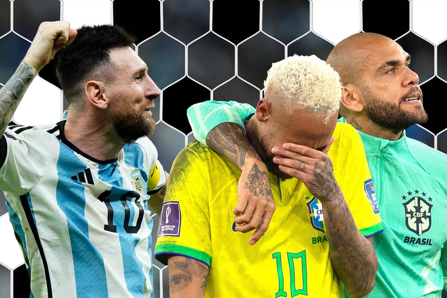 Messi cheering, Neymar crying with his teammate's arm around his shoulder