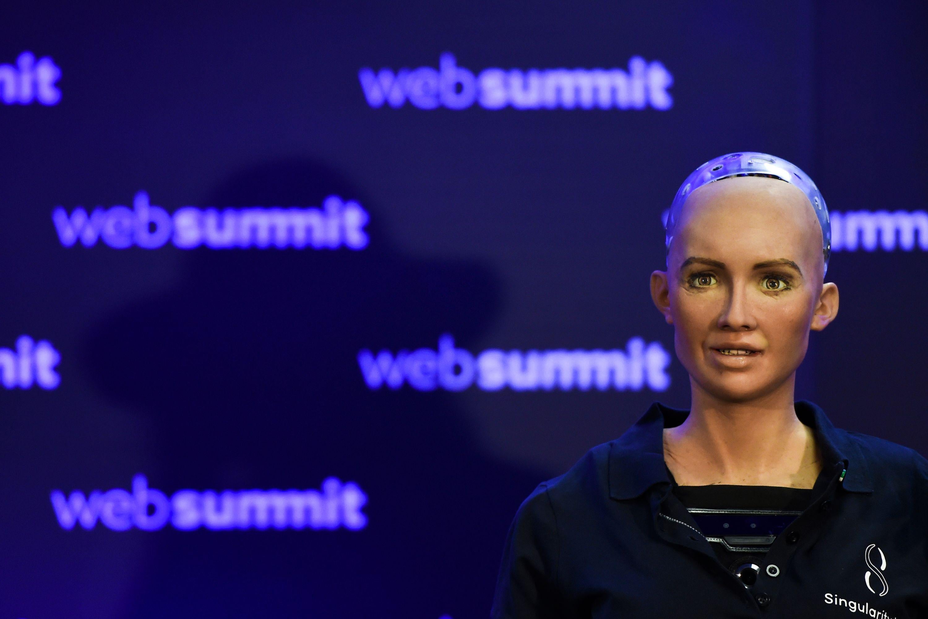 Humanoid 'Sophia The Robot' of Hanson Robotics answers questions during a press conference at the 2017 Web Summit in Lisbon on November 7, 2017. 
Europe's largest tech event Web Summit is held at Parque das Nacoes in Lisbon from November 6 to November 9.  / AFP PHOTO / PATRICIA DE MELO MOREIRA        (Photo credit should read PATRICIA DE MELO MOREIRA/AFP/Getty Images)
