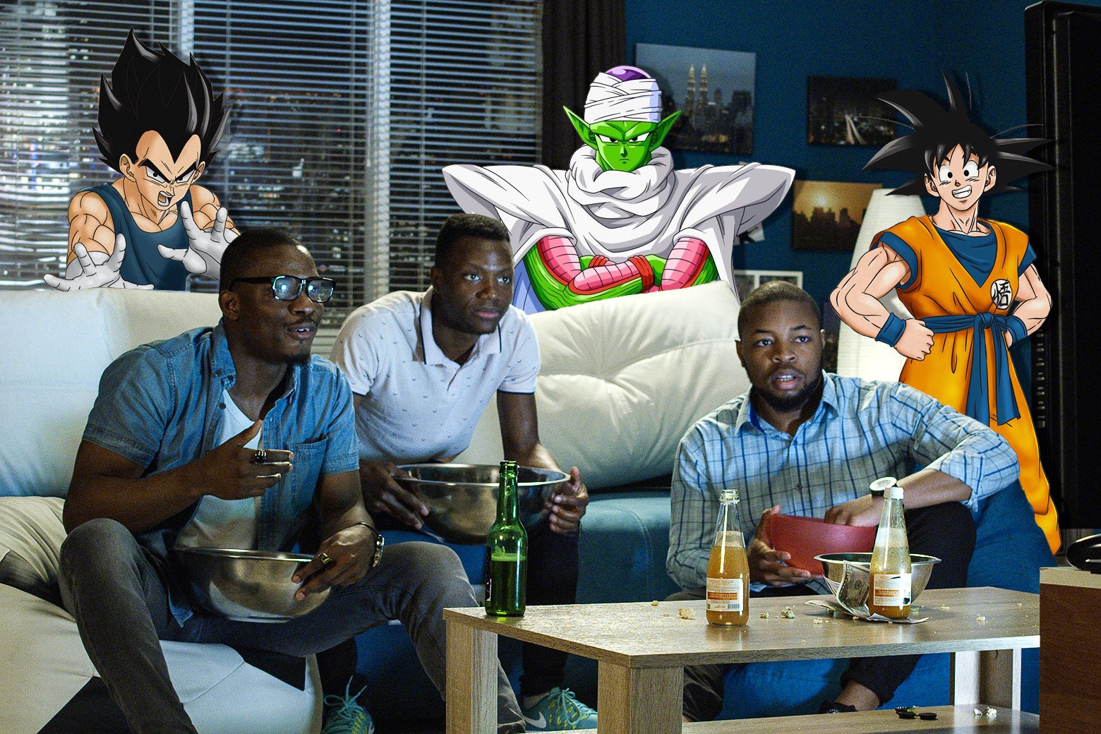 A group of young Black men sits watching TV and eating popcorn; in the room with them are several illustrated life-size characters from Dragon Ball.
