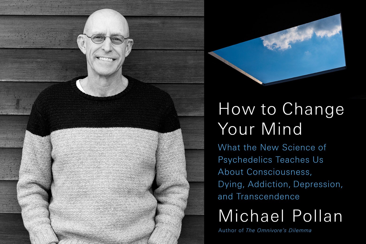 A photo of Michael Pollanc and the cover of his book.