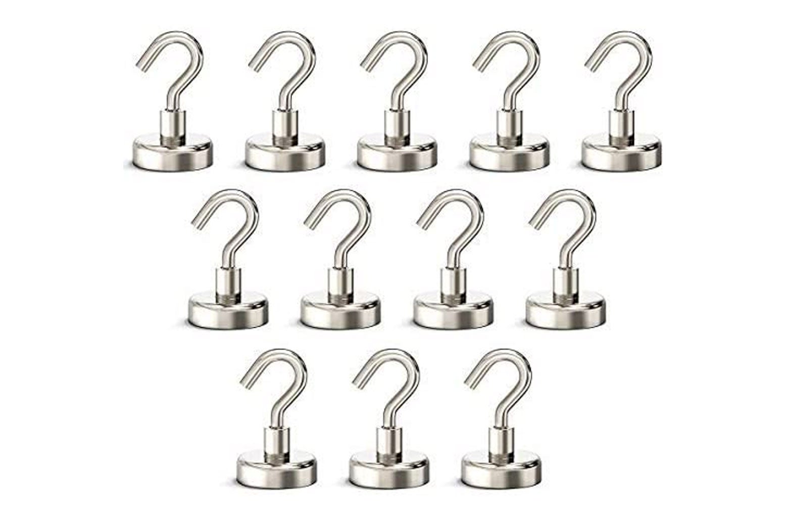 Twelve metal hooks