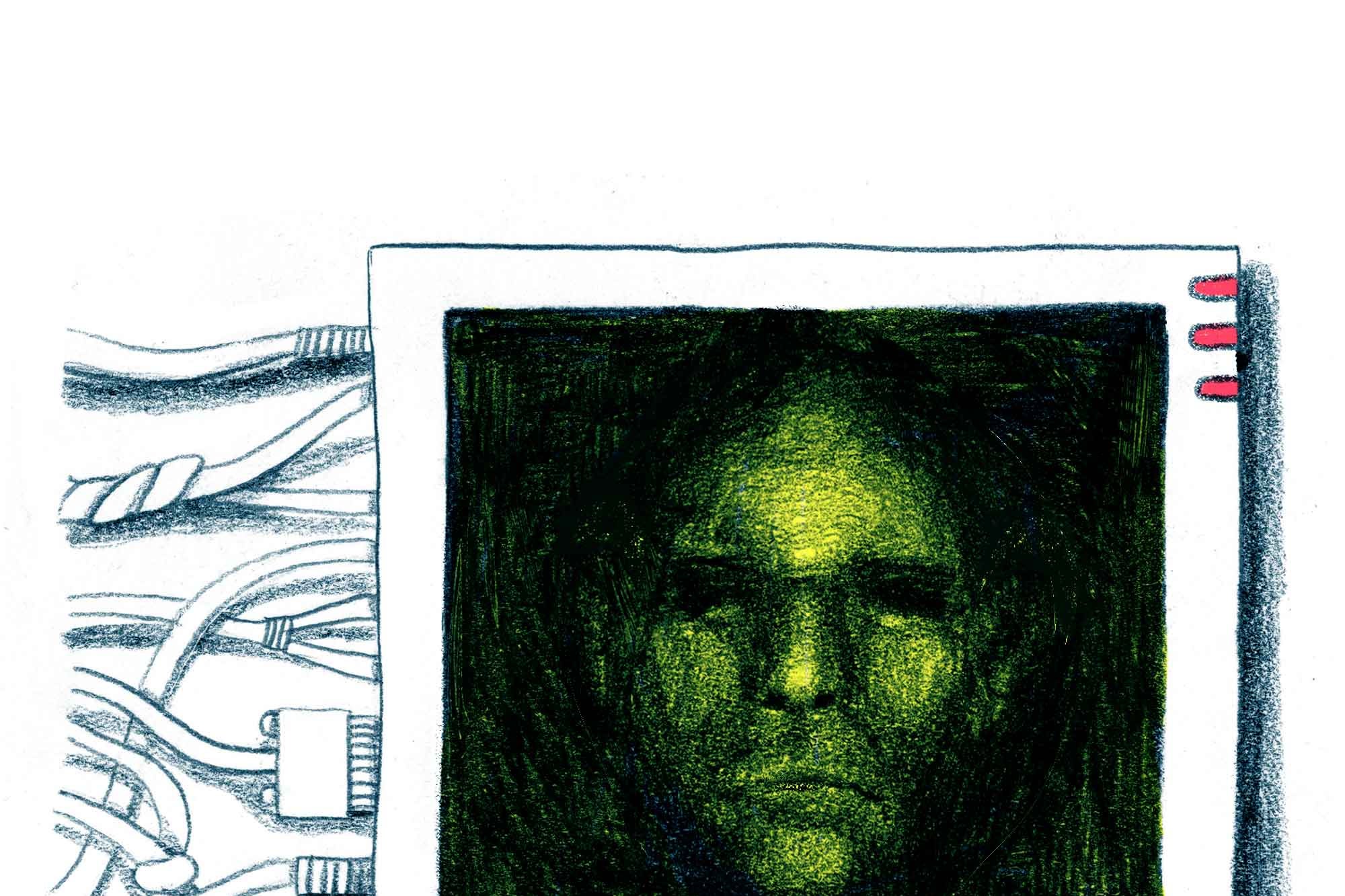 Image of a face within a tech console as wires protrude from it.