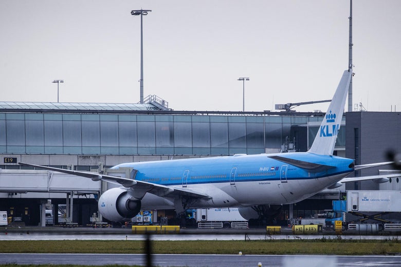 A KLM airplane landed from Johannesburg is parked at the gate E19 at the Schiphol Airport, the Netherlands on Nov. 27, 2021. - Netherlands OUT (Photo by Sem van der Wal / ANP / AFP) / Netherlands OUT (Photo by SEM VAN DER WAL/ANP/AFP via Getty Images)