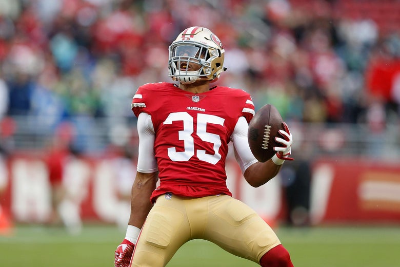 SANTA CLARA, CA - NOVEMBER 26: Eric Reid #35 celebrates after intercepting a pass against the Seattle Seahawks at Levi's Stadium on November 26, 2017 in Santa Clara, California. (Photo by Lachlan Cunningham/Getty Images)
