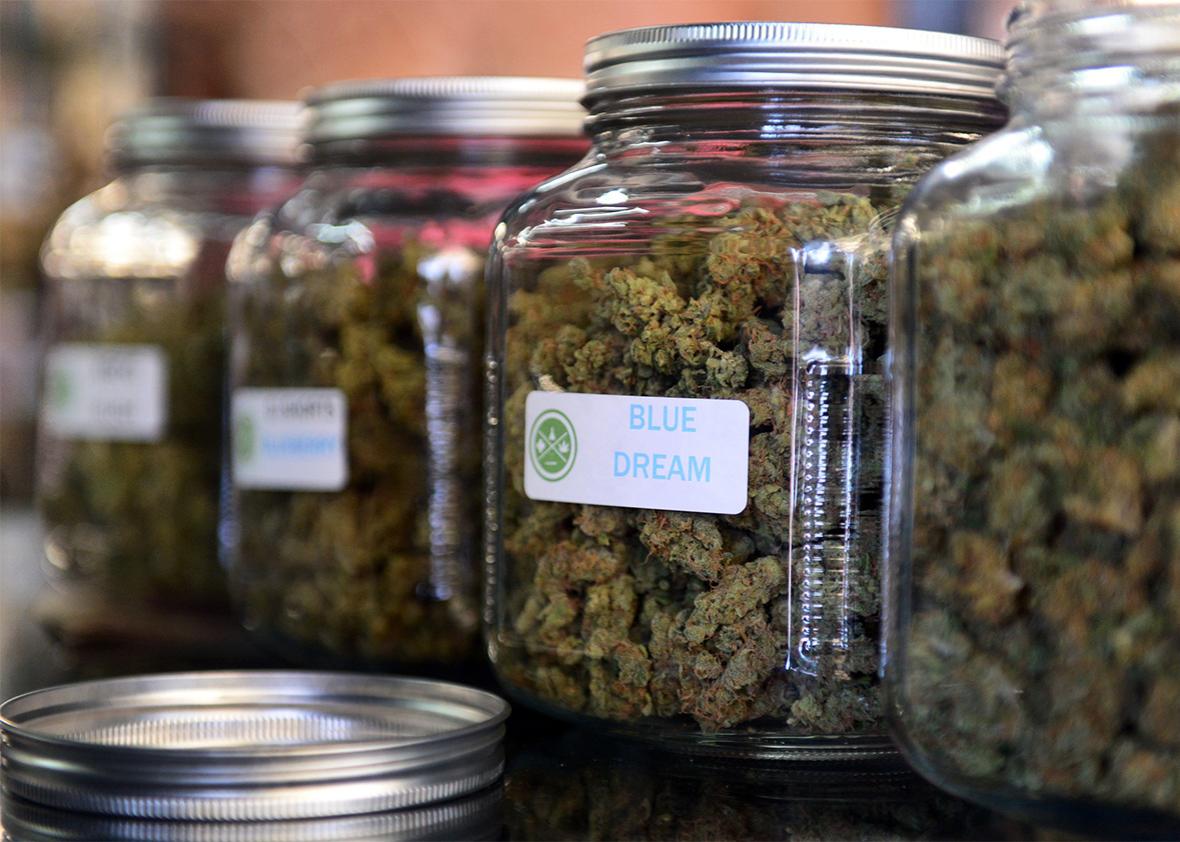 The highly-rated strain of medical marijuana 'Blue Dream' is displayed among others in glass jars at Los Angeles' first-ever cannabis farmer's market at the West Coast Collective medical marijuana dispensary in Los Angeles, California on July 4, 2014.