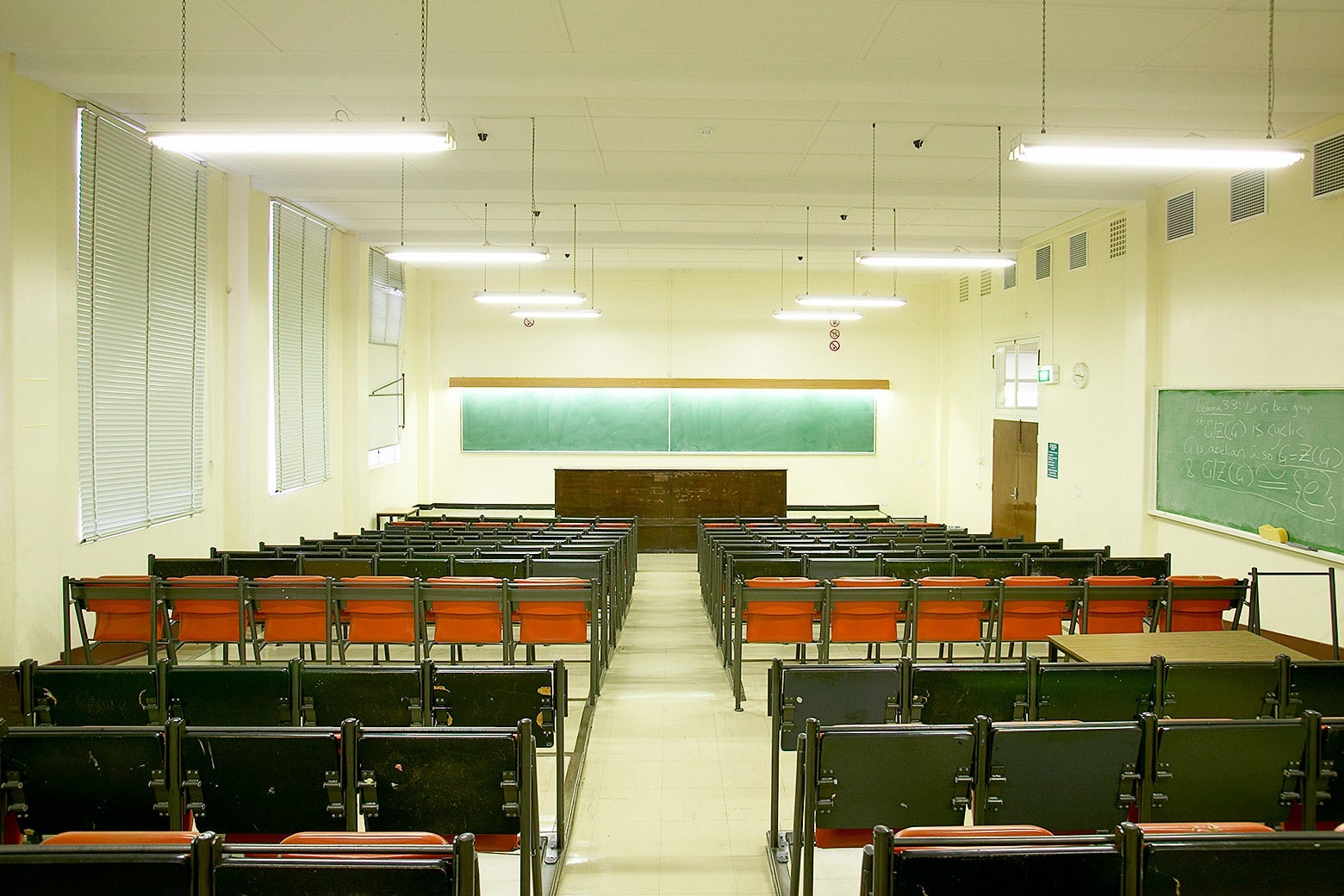 An empty college lecture hall.
