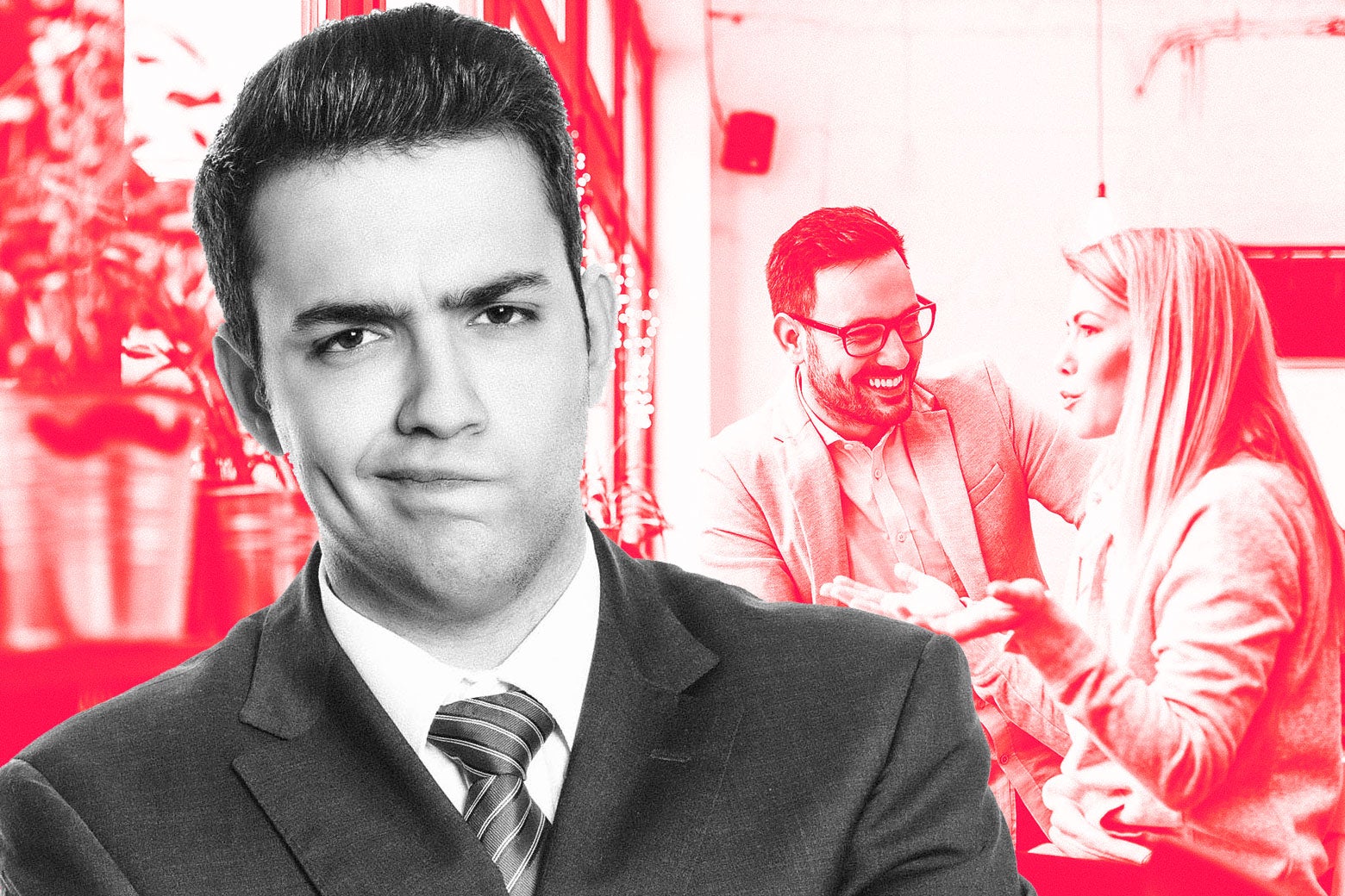 In foreground, skeptical looking man in business suit. In background, a man and a woman laughing while in discussion.