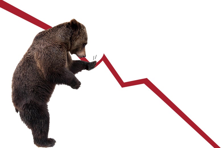 A bear pawing at a downward trendline