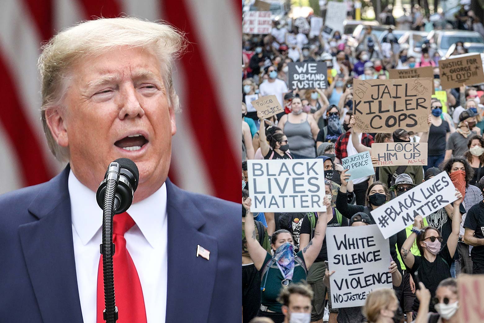 A diptych of Donald Trump speaking on the left protesters in Minnesota on the right.