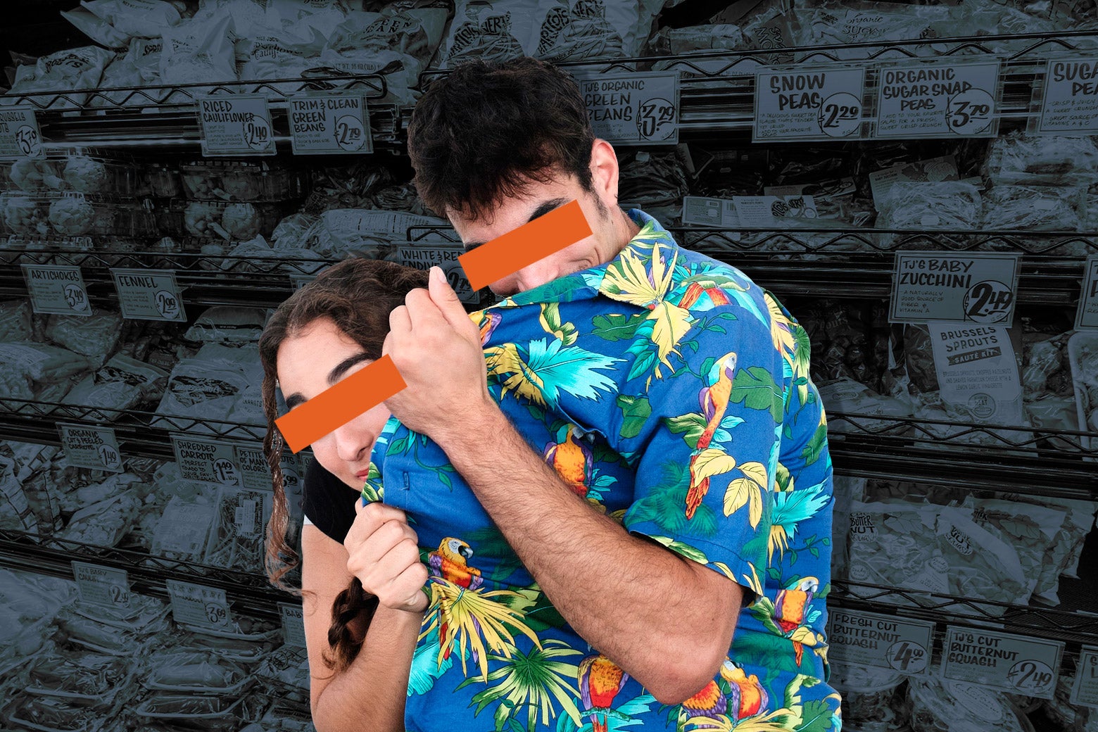 A male Trader Joe's employee in a Hawaiian shirt shields an apparently naked woman with brown hair beneath his shirt. Both have orange bars over their eyes for anonymity. 