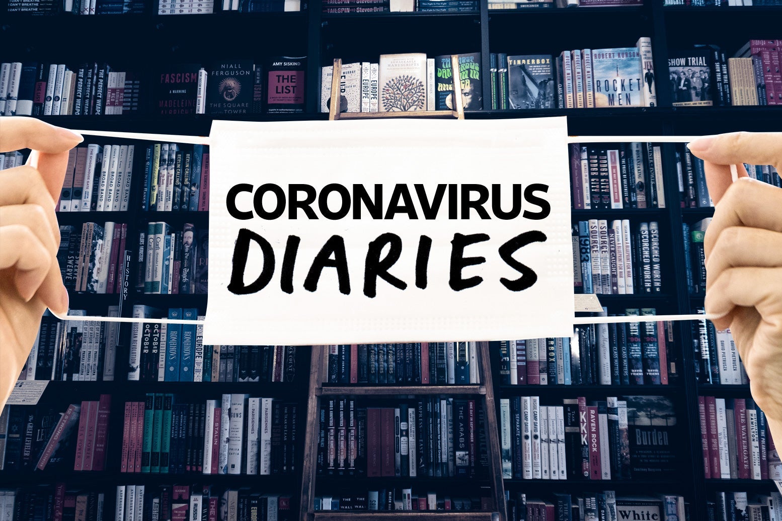 A bookshelf in a bookstore with a mask that says "Coronavirus Diaries" in front of it.