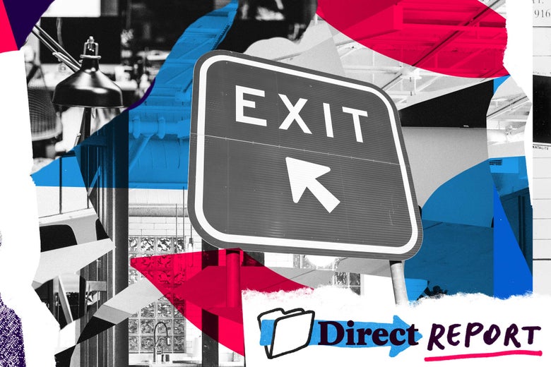 Photo illustration of an exit sign surrounded by office supplies.