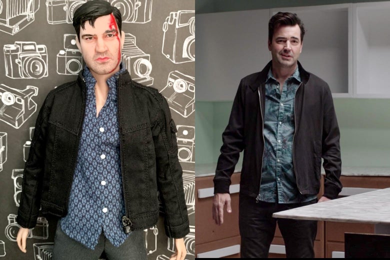 Ron Livingston and his doll counterpart, the latter with a bloody head wound.