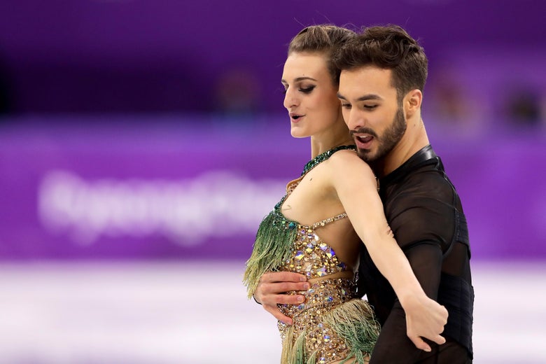 GANGNEUNG, SOUTH KOREA - FEBRUARY 19:  Gabriella Papadakis and Guillaume Cizeron of France compete during the Figure Skating Ice Dance Short Dance on day 10 of the PyeongChang 2018 Winter Olympic Games at Gangneung Ice Arena on February 19, 2018 in Pyeongchang-gun, South Korea.  (Photo by Richard Heathcote/Getty Images)