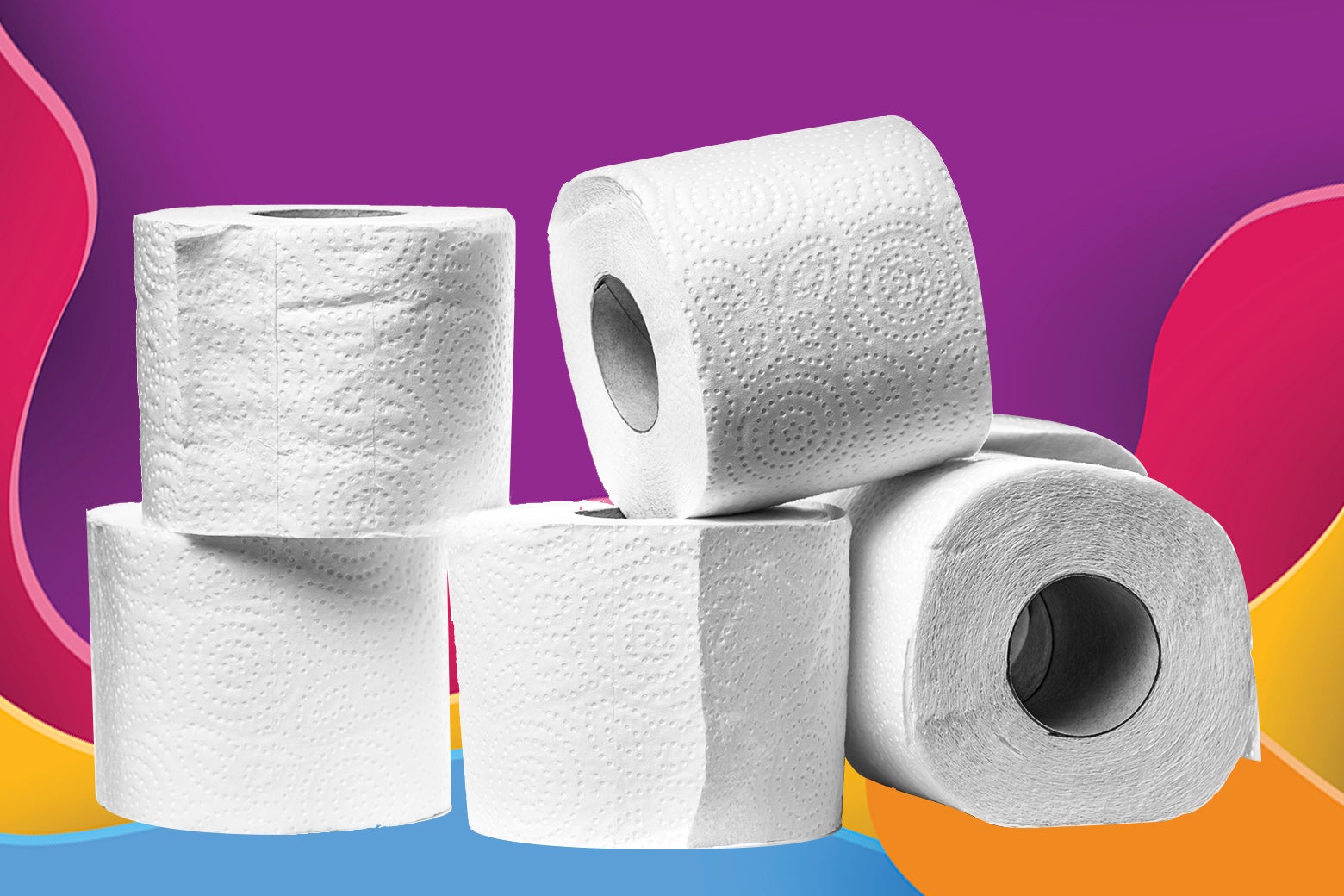 A bunch of rolls of toilet paper against a colorful background.