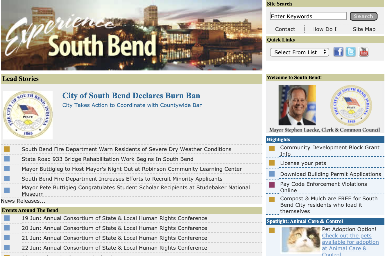 A screenshot of the official South Bend website in 2012, with a portrait of the former mayor, not Buttigieg.