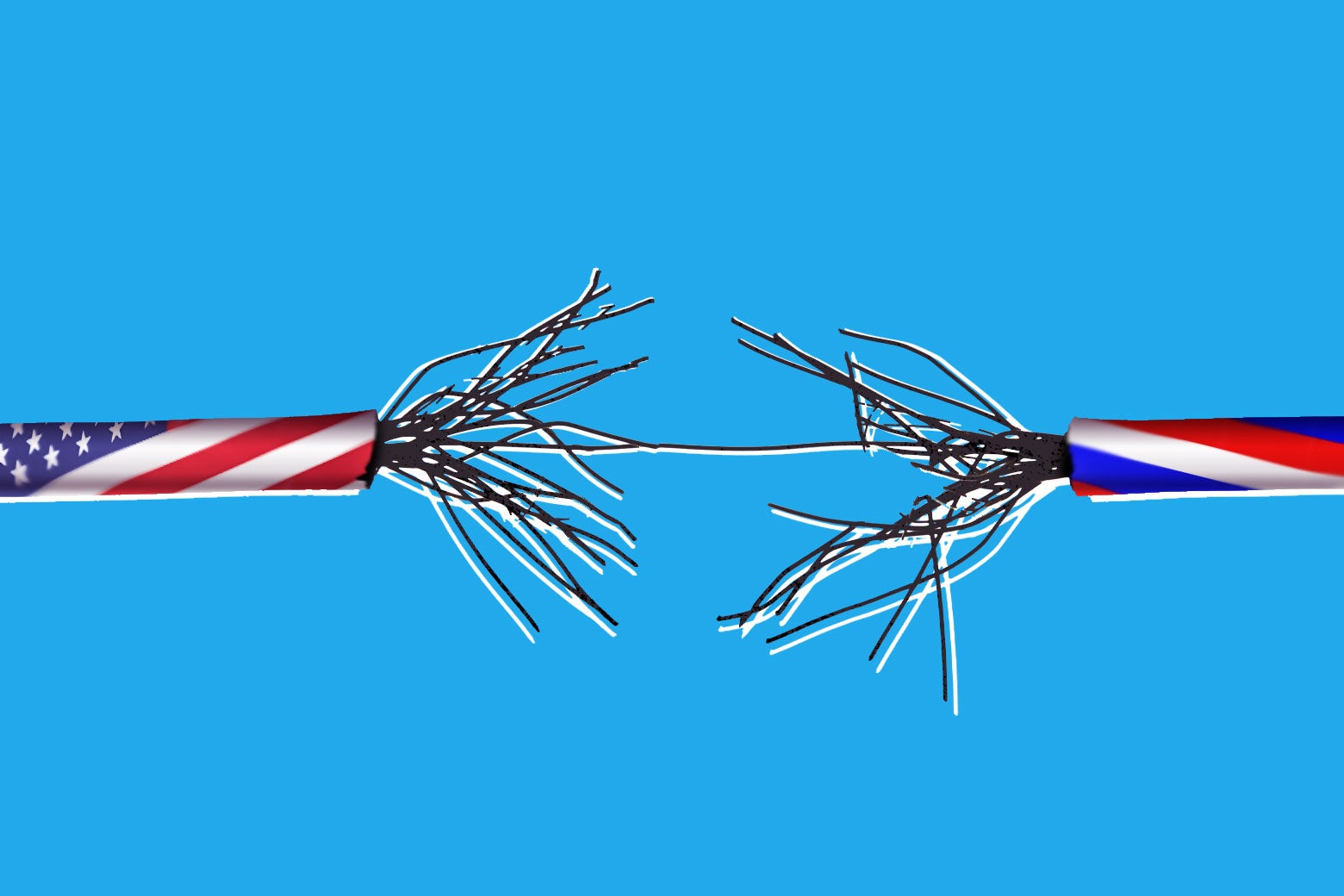 A fraying cable with a U.S. flag on one side and a Russian flag on the other.
