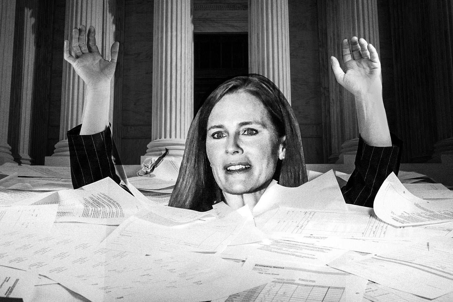 Amy Coney Barrett drowning in a sea of documents.