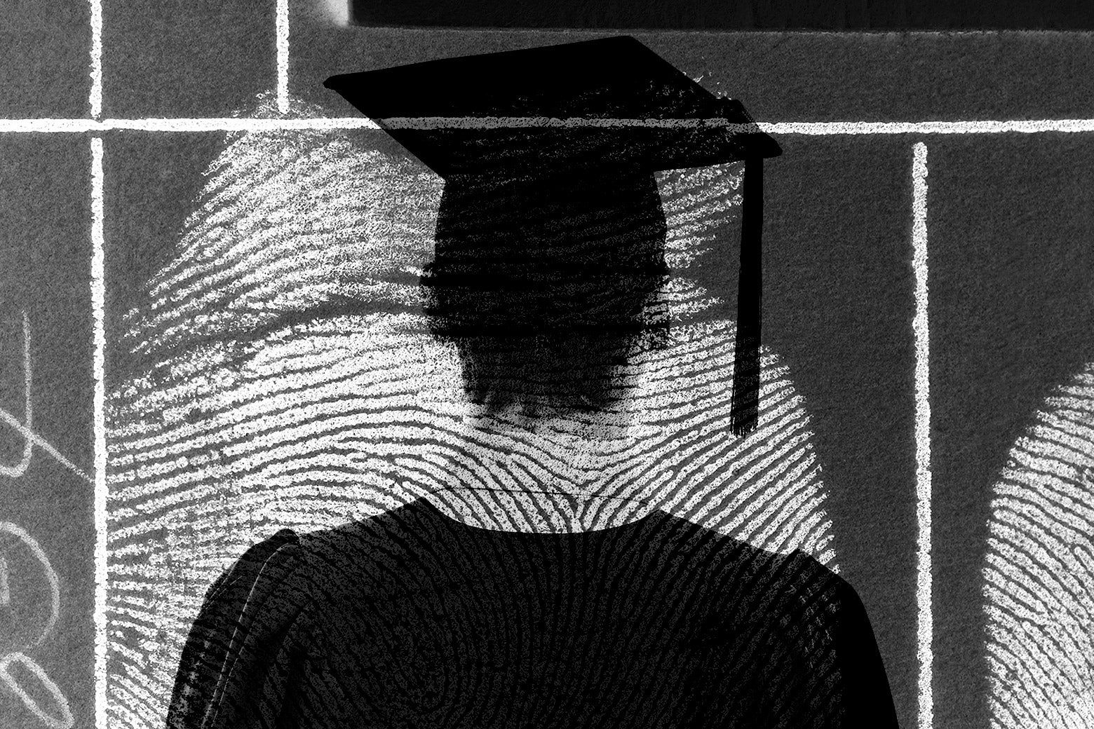 A grainy black-and-white image of the back of a student, who wears a cap and gown, with a fingerprint in the background.