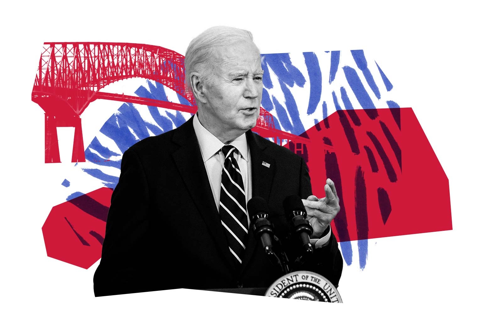 Joe Biden speaks, smiles, and gestures from behind a lectern. 