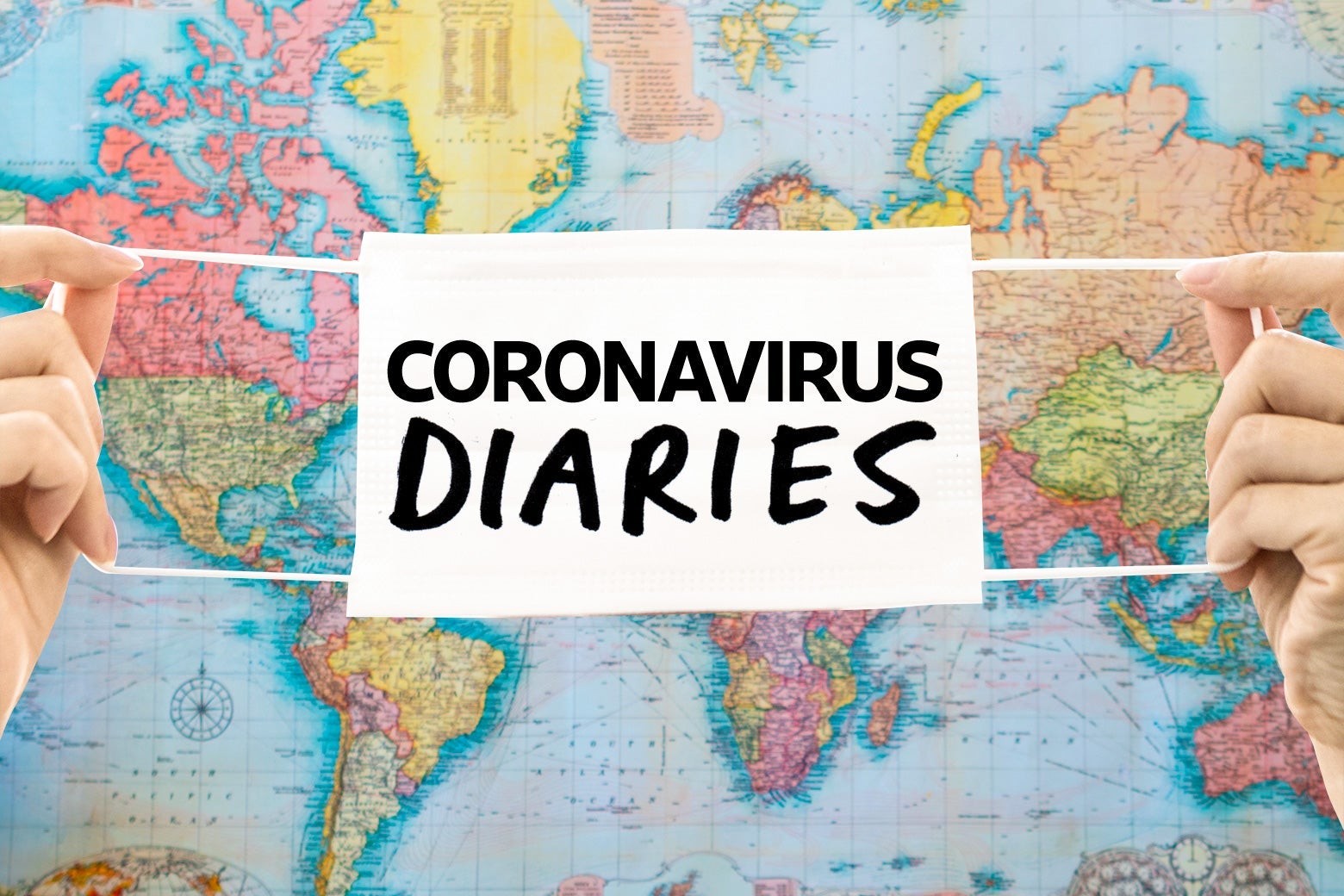 Two hands holding up a mask that says "Coronavirus Diaries" over a world map