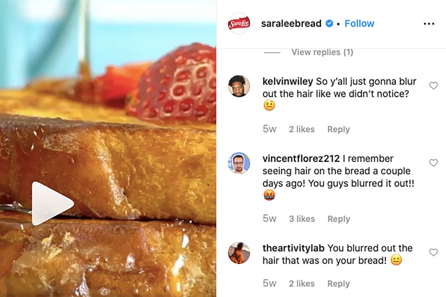 Screenshot of a Sara Lee Instagram post, showing comments complaining that the original version of the post featured a hair on the french toast, blurred out in this version.