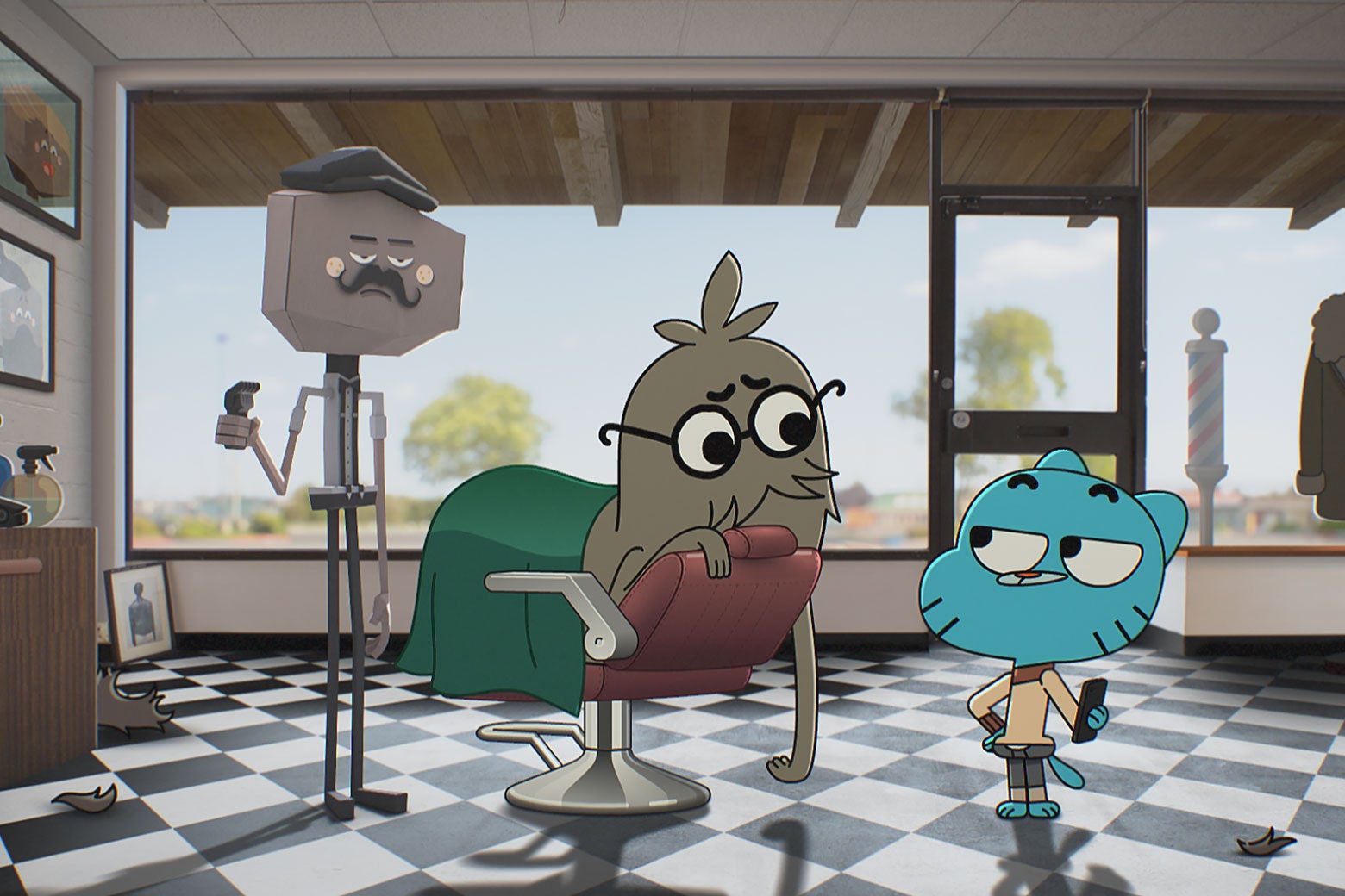 Three cartoon characters having a conversation in a barber shop.