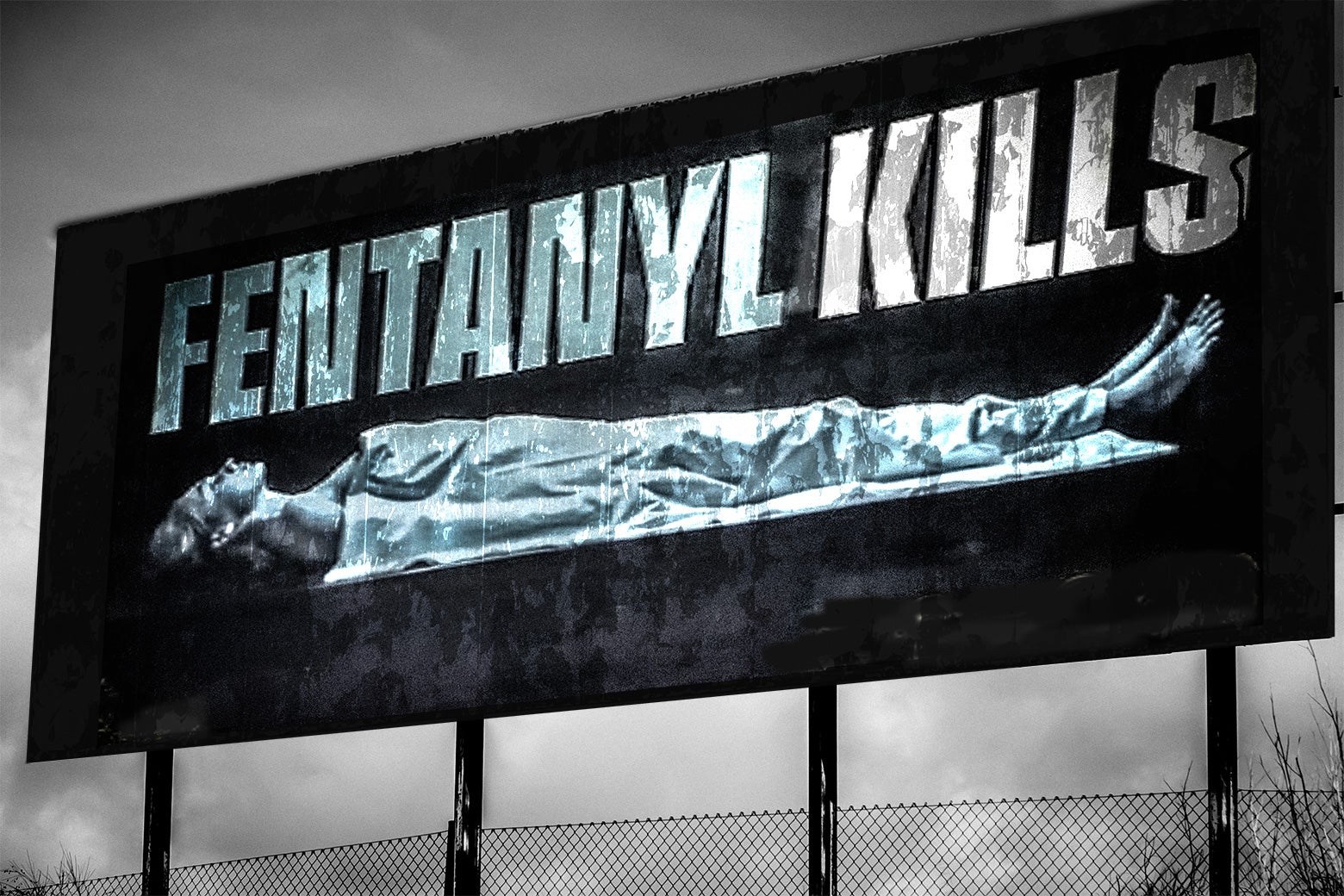 The billboard in question is black and white and blue and just says "FENTANYL KILLS" above a picture of a dead body under a white sheet. 