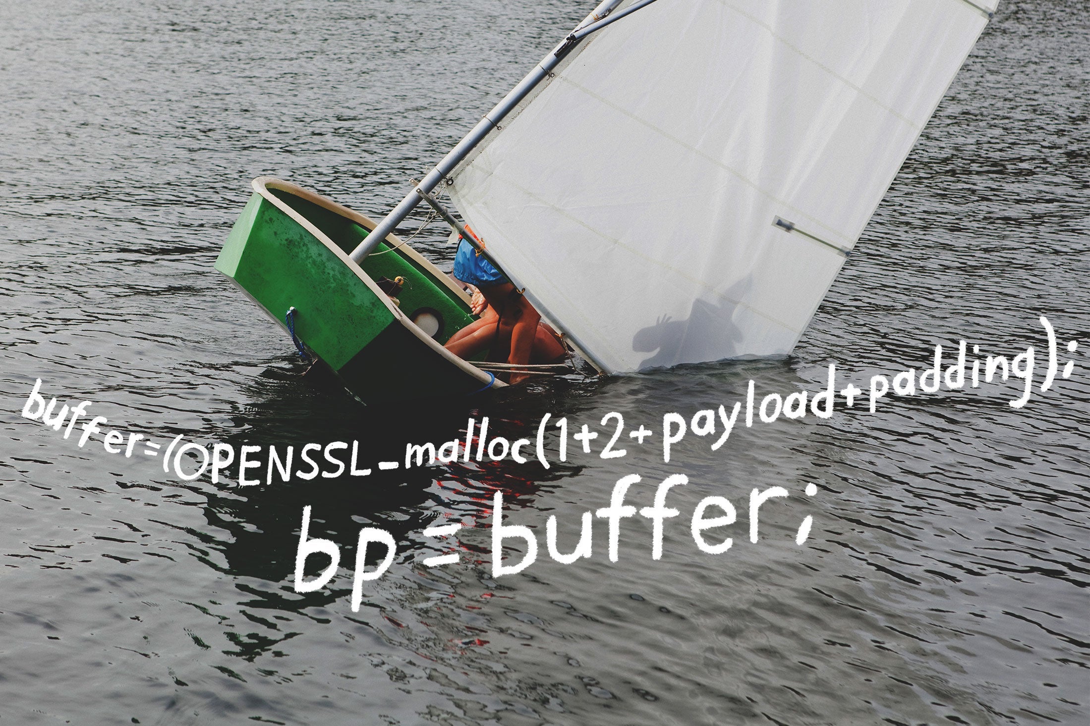 Sinking sailing dinghy sinking into Heartbleed code: buffer = OPENSSL_malloc(1 + 2 + payload + padding); bp = buffer; 