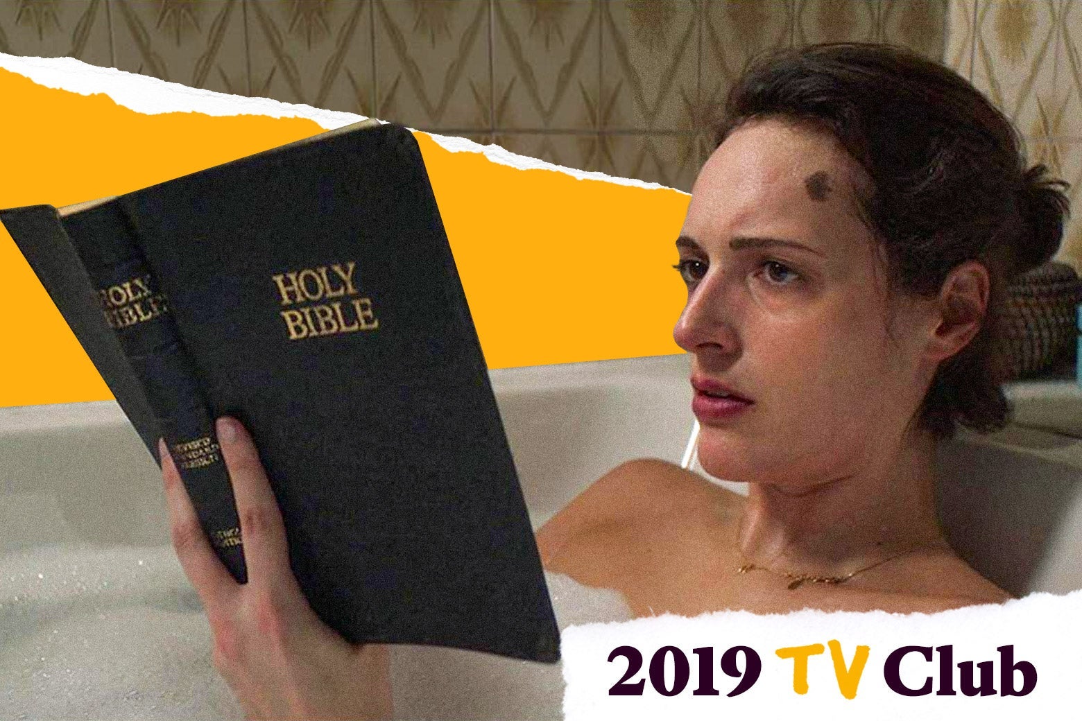 Phoebe Waller-Bridge reads the Holy Bible while taking a bath in this still from Fleabag.