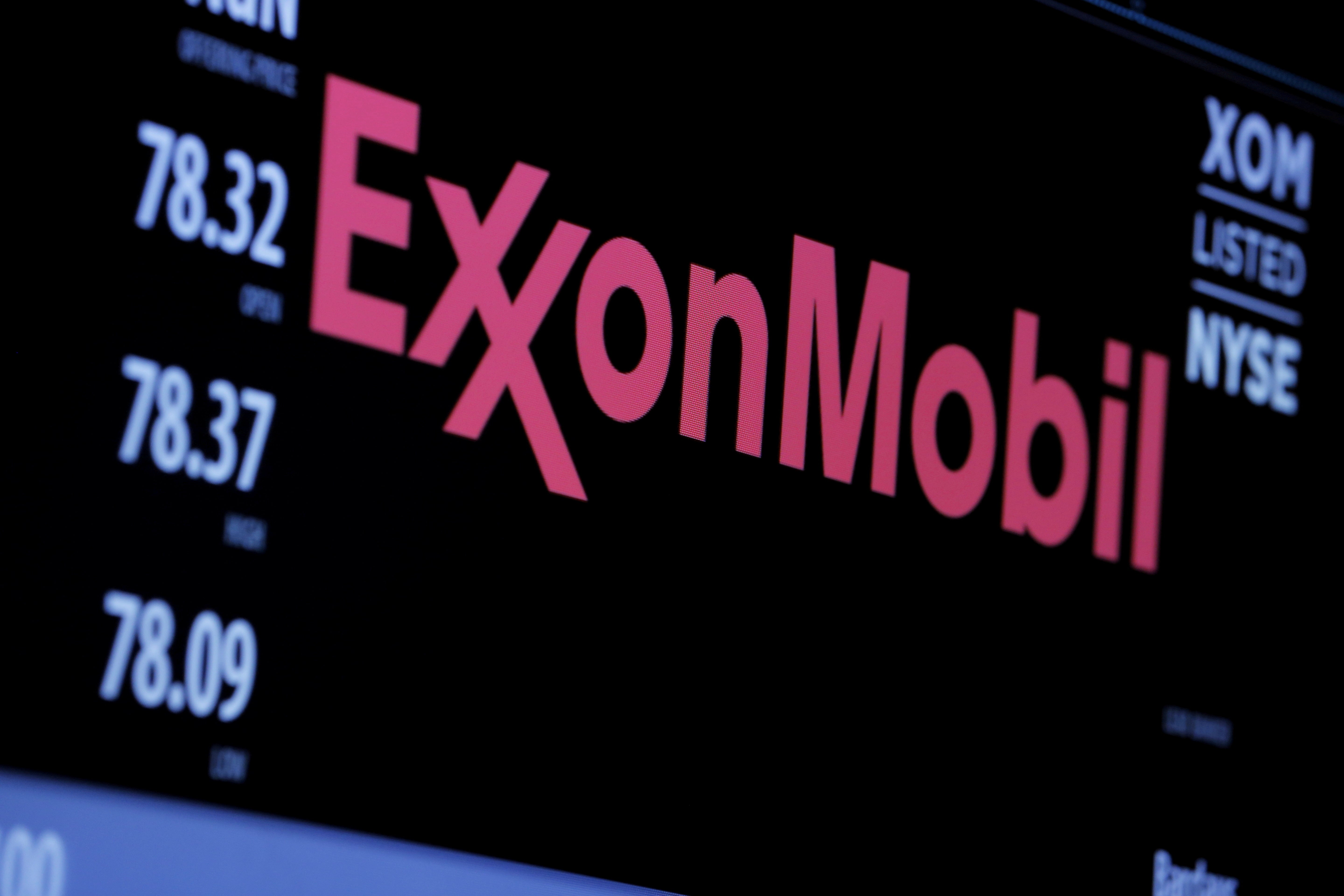 The Exxon Mobil logo is seen on the New York Stock Exchange.