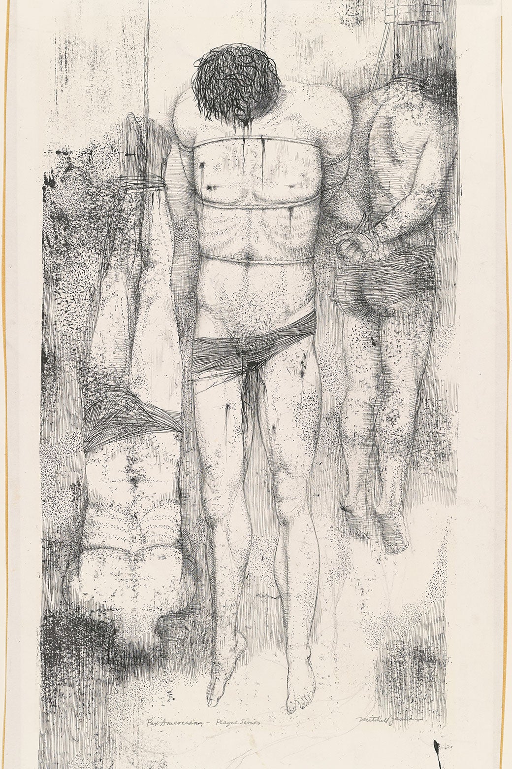 A sketch of three very injured and hung bodies.