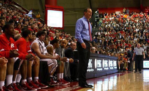 Head coach Mike Rice of the Rutgers Scarlet Knights coaches against the Syracuse Orange at Louis Brown Athletic Center on Feb. 19, 2012, in New Brunswick, N.J.