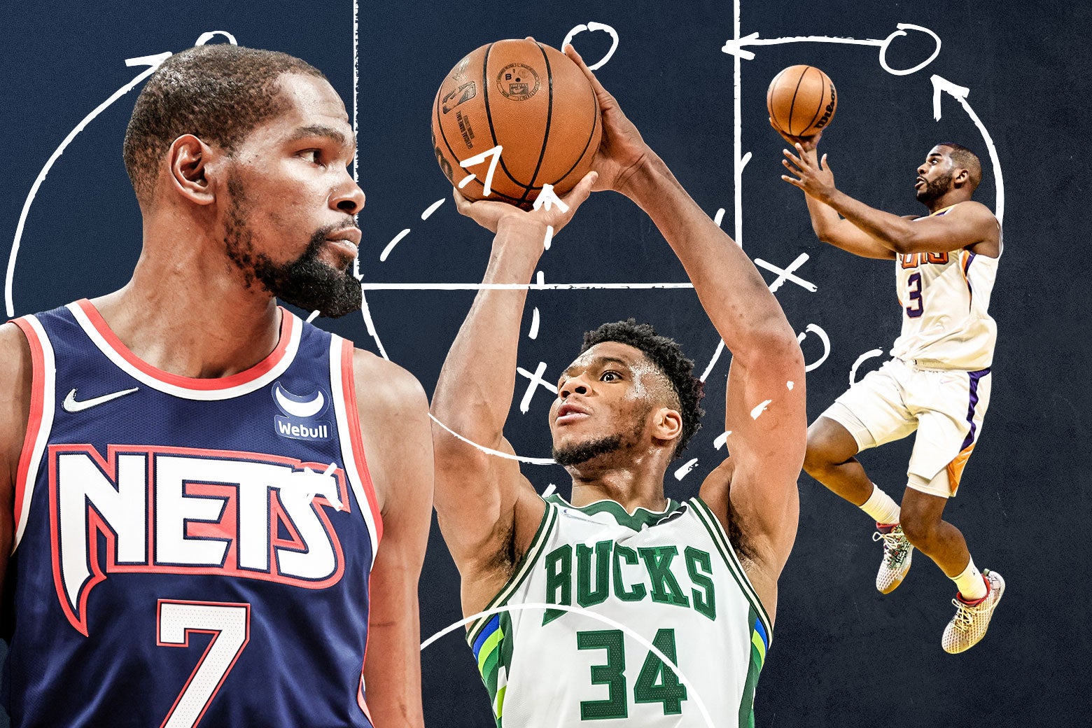 Kevin Durant, Giannis Antetokounmpo, and Chris Paul illustrated with Xes and Os over them. 