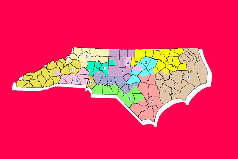 Gerrymandered North Carolina congressional district map.