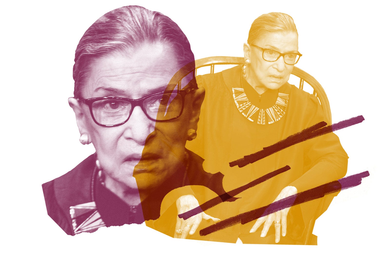Collage of two images of Ruth Bader Ginsburg.